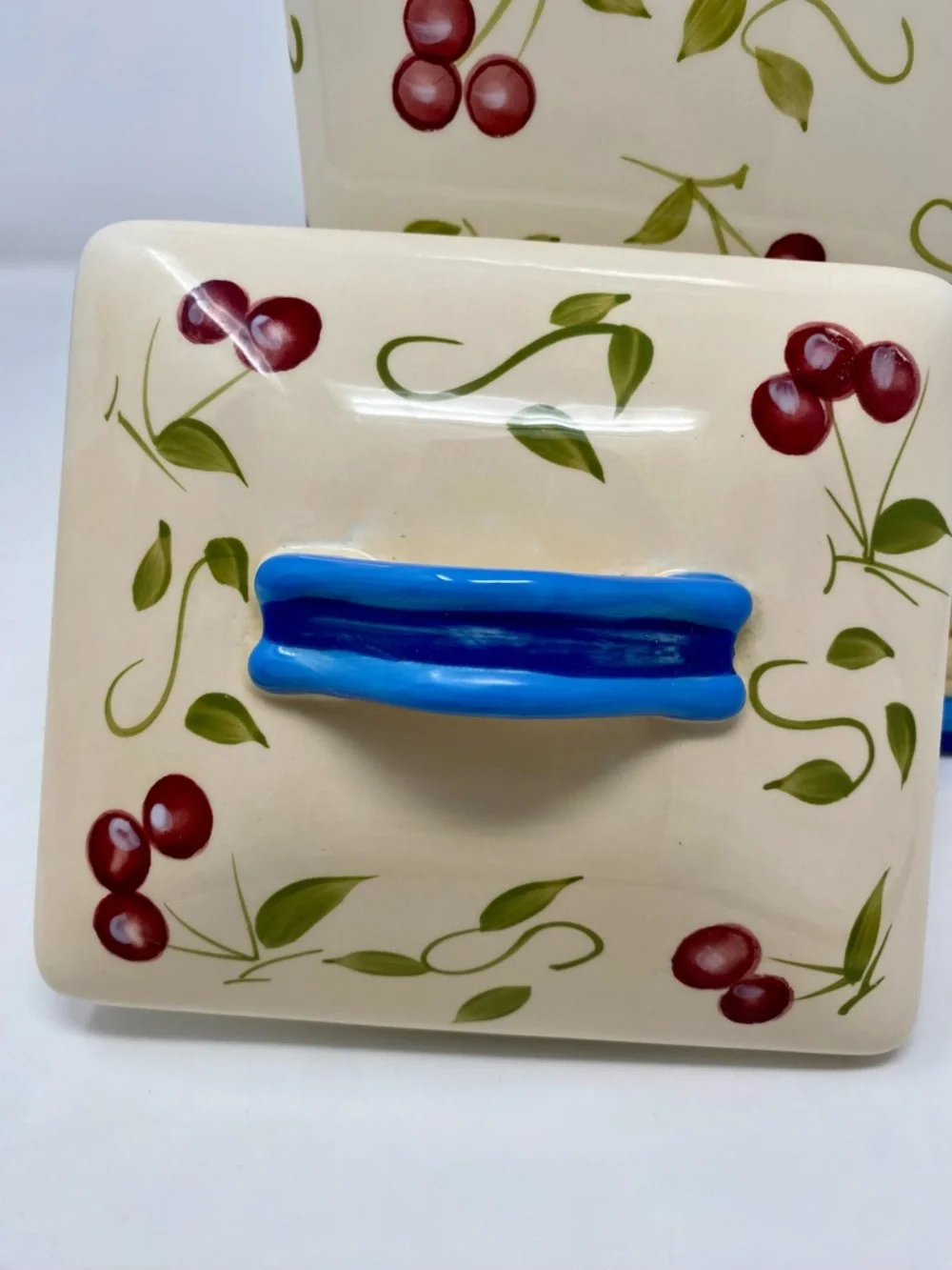 Ceramic Cherry Canister with Blue Trim